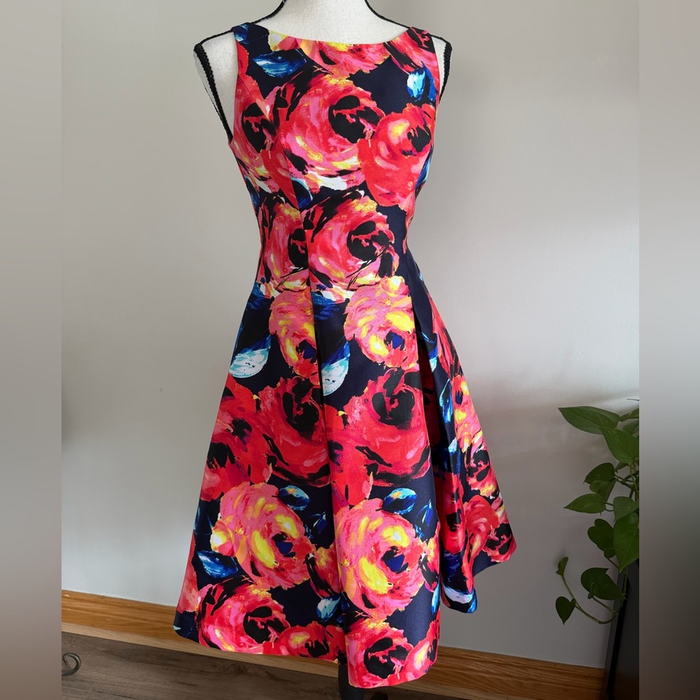 Adrianna Papell Navy Midi Dress with Red and Pink Floral Print